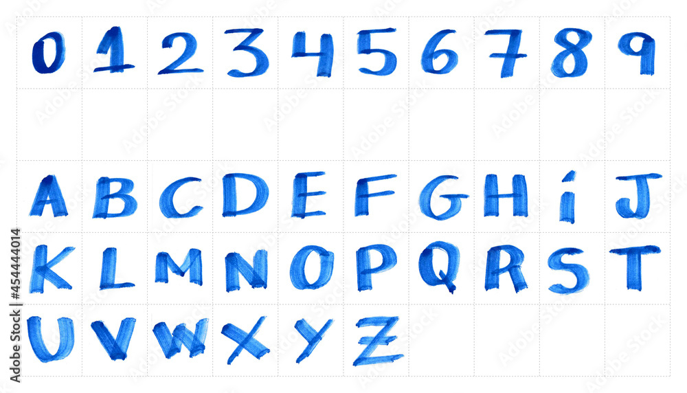 Handmade lettering alphabet, ABC, handwritten with marker, blue pen texture. Design layout, font, type, typography, character, letter, brush, white background.  - obrazy, fototapety, plakaty 
