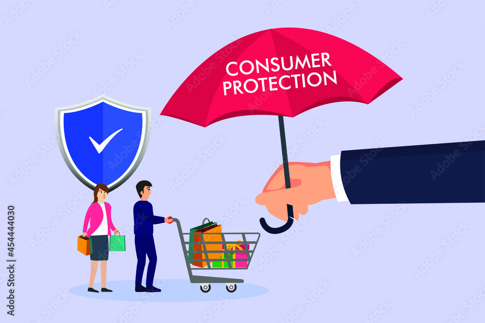Consumer protection vector concept: Young man and woman shopping together with shopping cart while hand of man holding umbrella Consumer protection vector concept: Young man and woman shopping together with shopping cart while hand of man holding umbrella