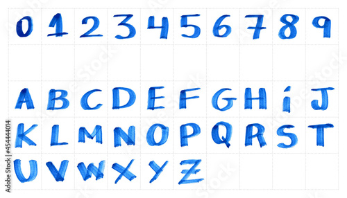 Handmade lettering alphabet, ABC, handwritten with marker, blue pen texture. Design layout, font, type, typography, character, letter, brush, white background. 