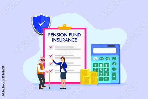 Pension fund insurance vector concept: Saleswoman showing pension fund insurance to old man with calculator