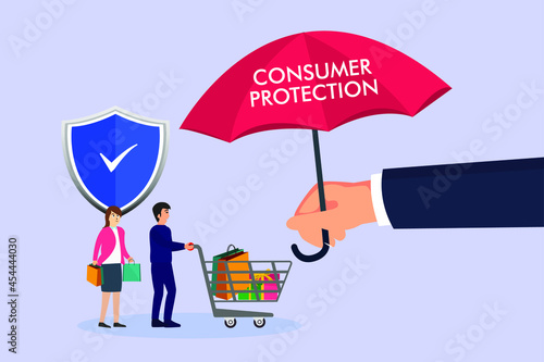 Consumer protection vector concept: Young man and woman shopping together with shopping cart while hand of man holding umbrella