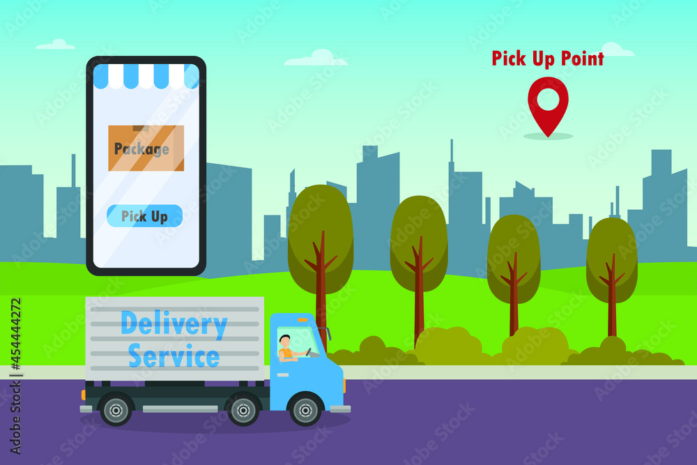 Obraz premium Pick up vector concept: Male courier pick up package while driving the truck