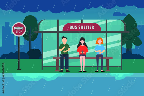 Rainy season vector concept: Group of people waiting the bus in rainy day while sitting in the shelter bus