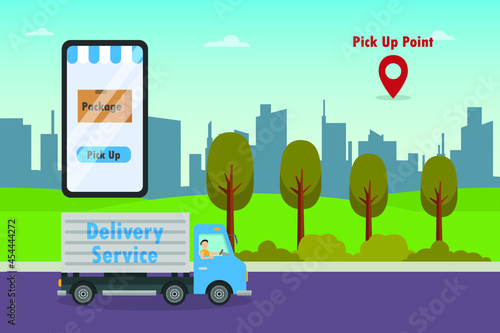 Pick up vector concept: Male courier pick up package while driving the truck