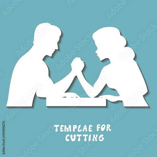 Template for laser cutting, wood carving, paper cut. Silhouettes for cutting. Arm wrestling challenge between a young couple vector stencil