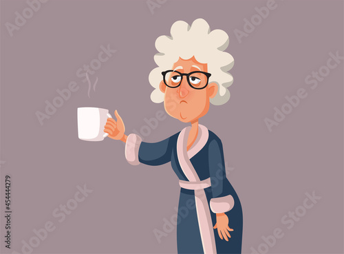 Sick Elderly Woman Hold a Tea Mug Vector Cartoon