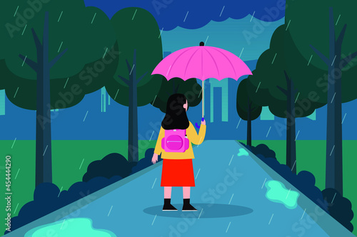 Rainy season vector concept: Schoolgirl walking in rainy day towards school while holding an umbrella