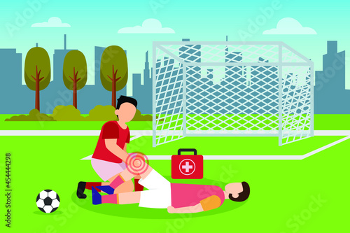 Sport injury vector concept: Soccer player gets treatment on his leg while lying on the soccer field