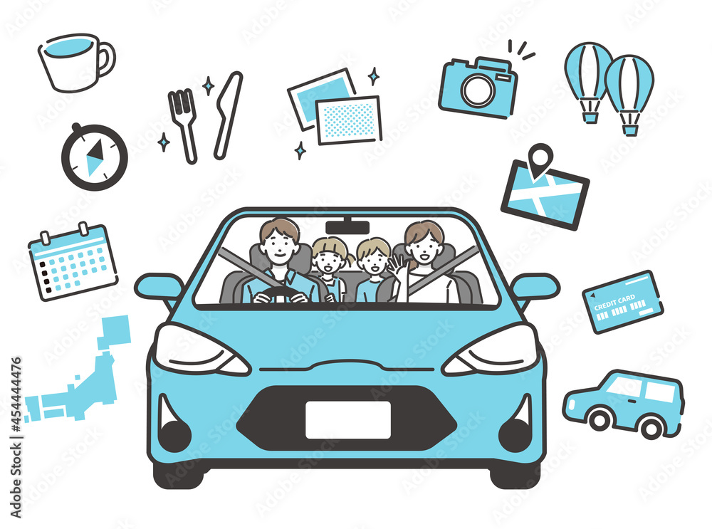 Φωτογραφία 仲良し家族がドライブするベクターイラストとトラベルアイコン素材／車／旅行／バカンス