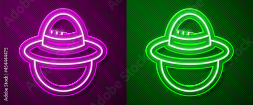 Glowing neon line Camping hat icon isolated on purple and green background. Beach hat panama. Explorer travelers hat for hunting, hiking, tourism. Vector