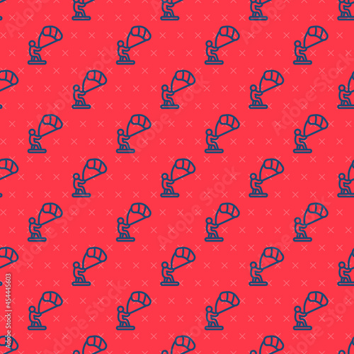 Blue line Kitesurfing icon isolated seamless pattern on red background. Vector