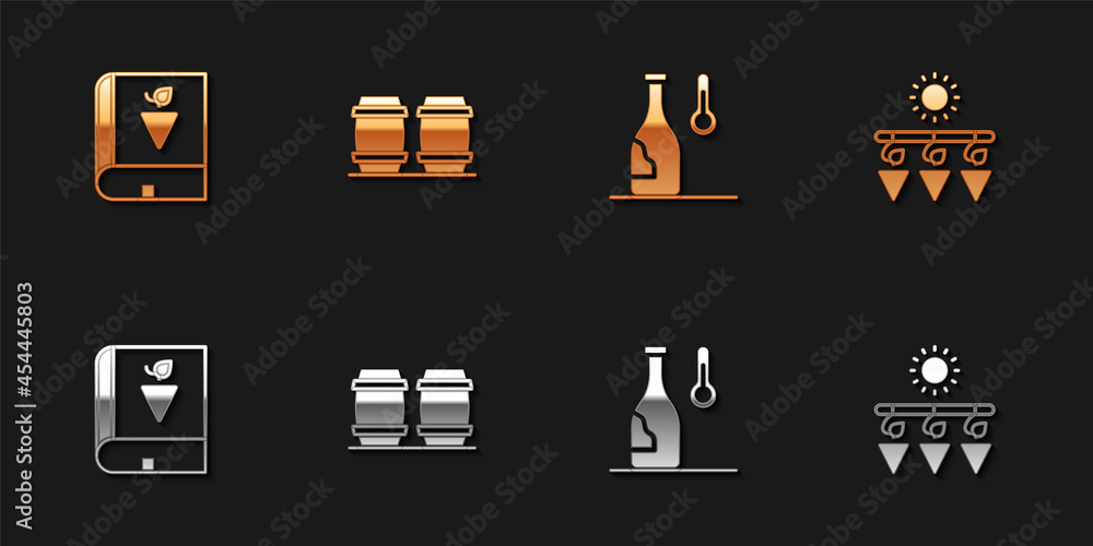 Set Book about grapes, Wooden barrel for wine, Wine temperature and Drying icon. Vector Set Book about grapes, Wooden barrel for wine, Wine temperature and Drying icon. Vector