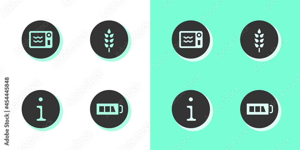 Set Battery, Microwave oven, Information and Wheat icon. Vector Set Battery, Microwave oven, Information and Wheat icon. Vector