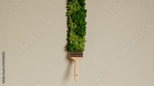 Green trees and paint brush on the white wall, nature 3d rendering photo