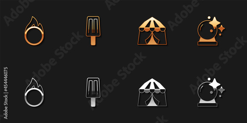 Set Circus fire hoop, Ice cream, tent and Magic ball icon. Vector