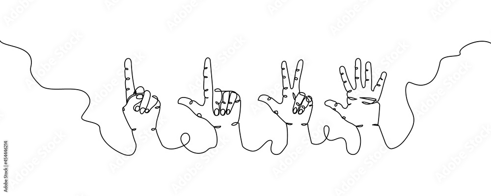 Hand gestures one line set art. Continuous line drawing of gesture, friendship, greetings, numbers, victory.