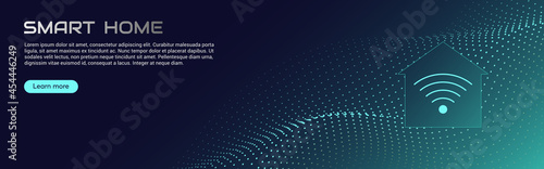 Smart home concept, modern technologies, future. Vector illustration of an abstract house stylistically designed in the form of microcircuits, lines. Web banner design template, site decoration.