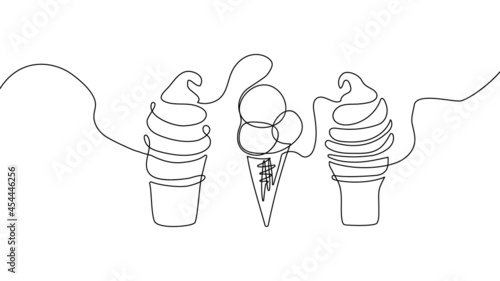 Ice cream sundae continuous line drawing set. One line art of dairy produce, milk products, food.