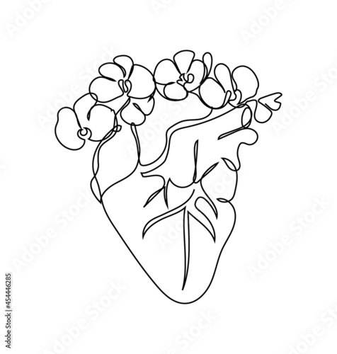 Human heart with a wreath of orchids one line set art. Continuous line drawing of internal organ and flowers.
