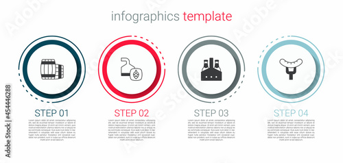 Set Wooden barrel, Beer brewing process, Pack of beer bottles and Sausage on the fork. Business infographic template. Vector