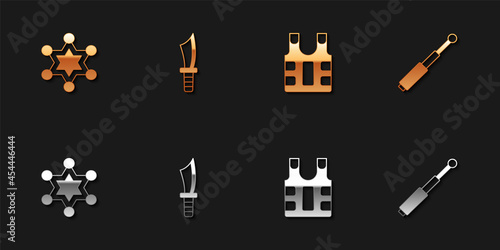 Set Hexagram sheriff, Military knife, Bulletproof vest and Telescopic baton icon. Vector