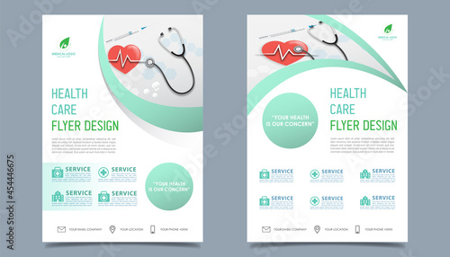 Health Care flyer brochure template design, fmedical healthcare flyer template white background for text, space for picture and blue wavy lines decoration. vector illustration 