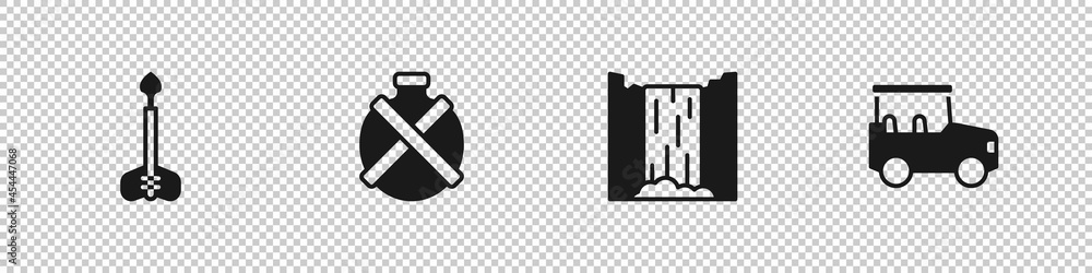 Set Arrow, Canteen water bottle, Waterfall and Safari car icon. Vector Set Arrow, Canteen water bottle, Waterfall and Safari car icon. Vector