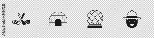 Set Ice hockey sticks, Igloo ice house, Montreal Biosphere and Canadian ranger hat icon. Vector