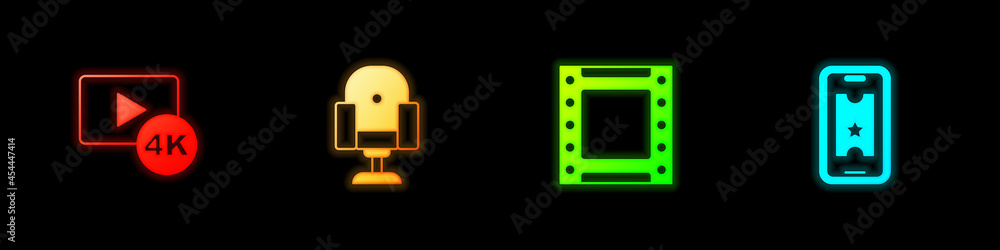Set Screen tv with 4k, Director movie chair, Play video and Buy cinema ticket online icon. Vector Set Screen tv with 4k, Director movie chair, Play video and Buy cinema ticket online icon. Vector
