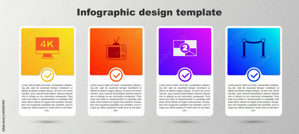 Set Screen tv with 4k, Retro, Old film movie countdown frame and Rope barrier. Business infographic template. Vector Set Screen tv with 4k, Retro, Old film movie countdown frame and Rope barrier. Business infographic template. Vector