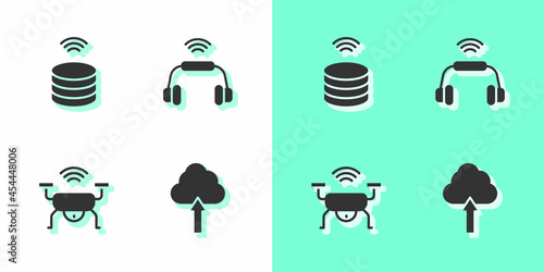 Set Cloud upload, Smart data server, drone system and headphones icon. Vector