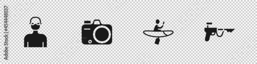 Set Swimmer, Photo camera, Kayak and paddle and Fishing harpoon icon. Vector