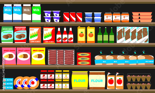 Several foods and snacks on the retail store cabinet