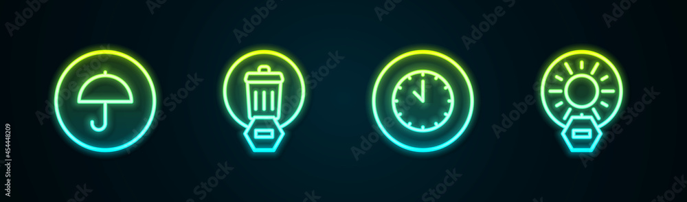 Set line Delivery package with umbrella, Trash can, Clock and No direct sunlight. Glowing neon icon. Vector