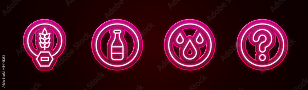 Set line Gluten free grain, Bottle, Water drop and Unknown search. Glowing neon icon. Vector Set line Gluten free grain, Bottle, Water drop and Unknown search. Glowing neon icon. Vector