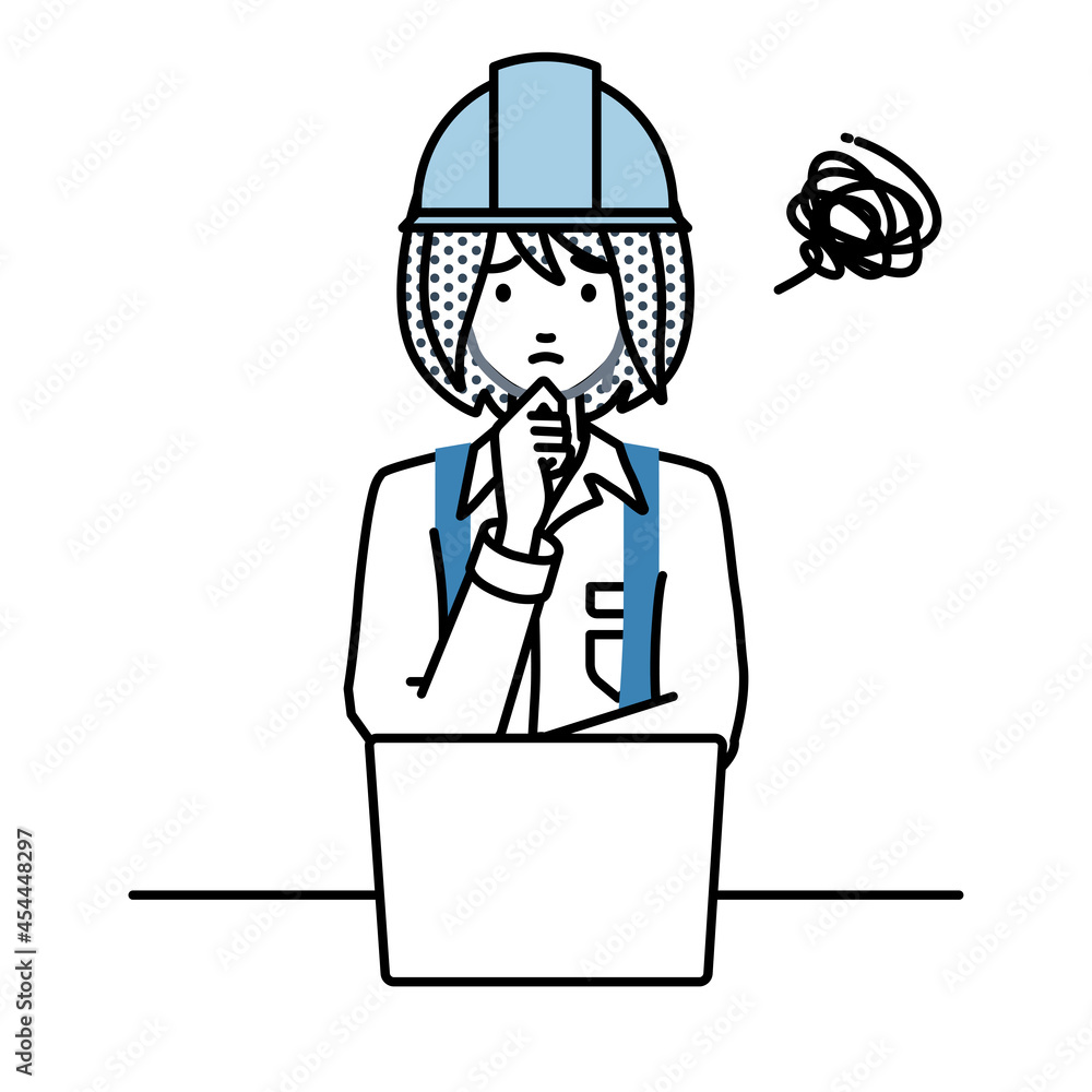 デスクで座ってPCを開いて困っている工事現場の女性