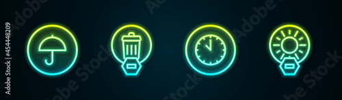 Set line Delivery package with umbrella, Trash can, Clock and No direct sunlight. Glowing neon icon. Vector