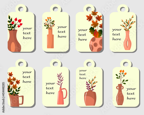 A set of tags with clay vases. Maple and oak leaves, sea buckthorn and wild rose, branches with colorful leaves. Vector illustration. For flower shops, gifts, price tags, labels.