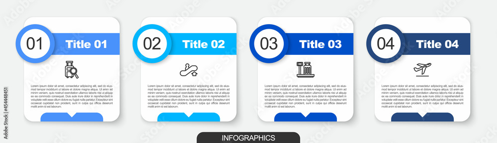Set line Lost baggage, Escalator up, Scale with suitcase and Plane takeoff. Business infographic template. Vector Set line Lost baggage, Escalator up, Scale with suitcase and Plane takeoff. Business infographic template. Vector