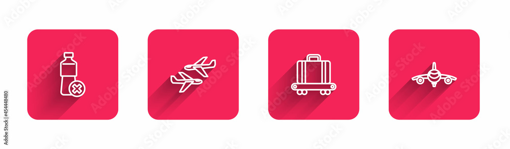 Set line No water bottle, Plane, Conveyor belt with suitcase and with long shadow. Red square button. Vector Set line No water bottle, Plane, Conveyor belt with suitcase and with long shadow. Red square button. Vector