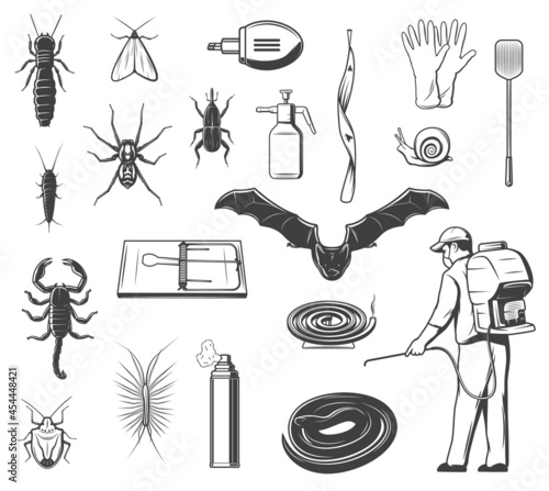 House pests control, insects and animals vector icons. Termite, silverfish and moth, spider, weevil beetle and scorpion, house centipede, bat and snake, worker with sprayer, mosquito coil and rattrap photo