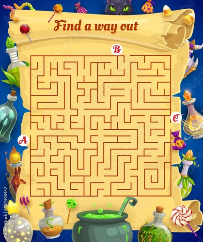 Kids labyrinth maze with Halloween treats and magic potions. Child search way activity, children find path game with cartoon vector witch cauldron, magic elixirs fantasy bottles and lollypop candies