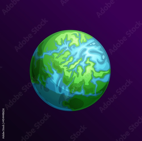 Eco planet with blue waters and green land isolated cartoon sphere. Vector inhabitable comic globe with living nature, explore universe imaginary aliens world. Save Earth concept, clean environment