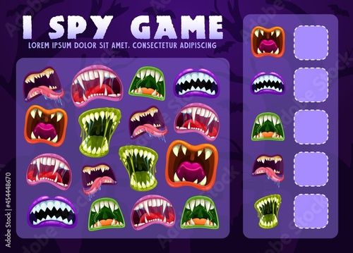 I spy educational game for kids with monster mouths, vector puzzle. Math count worksheet for kindergarten, school, preschool. Counting and numeracy skills or attention development cartoon riddle page