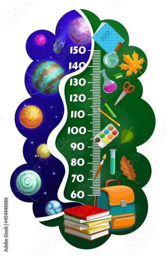 Kids height chart ruler, cartoon space planets, school stationery, textbooks, and schoolbag. Growth meter, vector wall sticker for children height measurement with scale and learning student supplies