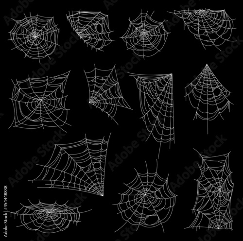Halloween web, spiderweb or cobweb vector set. Horror spider nets with white corner, circular and spiral webs, creepy thread nets and traps for insects or flies, Halloween holiday cobweb decoration