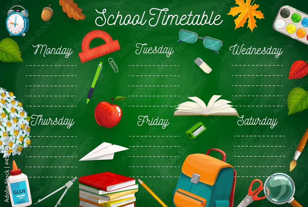 Education Timetable With School Stationery Schoolbag Textbooks And education-timetable-with-school-stationery-schoolbag-textbooks-and