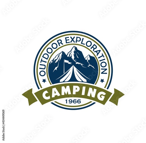Mountain camping icon with tourist tent and camp flag, mountain range, peaks and river nature landscape. Outdoor adventure isolated round vector icon with ribbon, travel, tourism or scout club