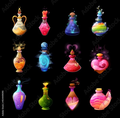 Cartoon potion bottles. Love elixir, magic spell or poison in glass bubble. Witch, sorcerer or wizard potion, fairy drink, flask with mysterious, glowing and boiling liquid, mushroom, heart and smoke