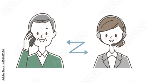 スマホでオペレーターと話すシニア男性